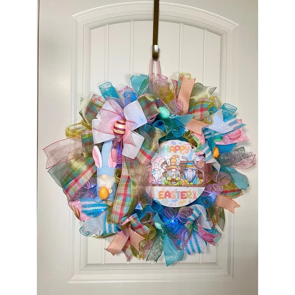 Handmade Easter Bunny Gnome Prelit Ribbon Wreath 22 in LED W10